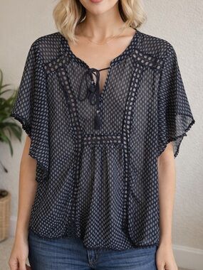 Daniel Rainn Black Sheer Dot Tie-Front Tunic